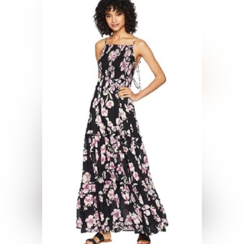 Floral Maxi Dress with Pink and Black Design